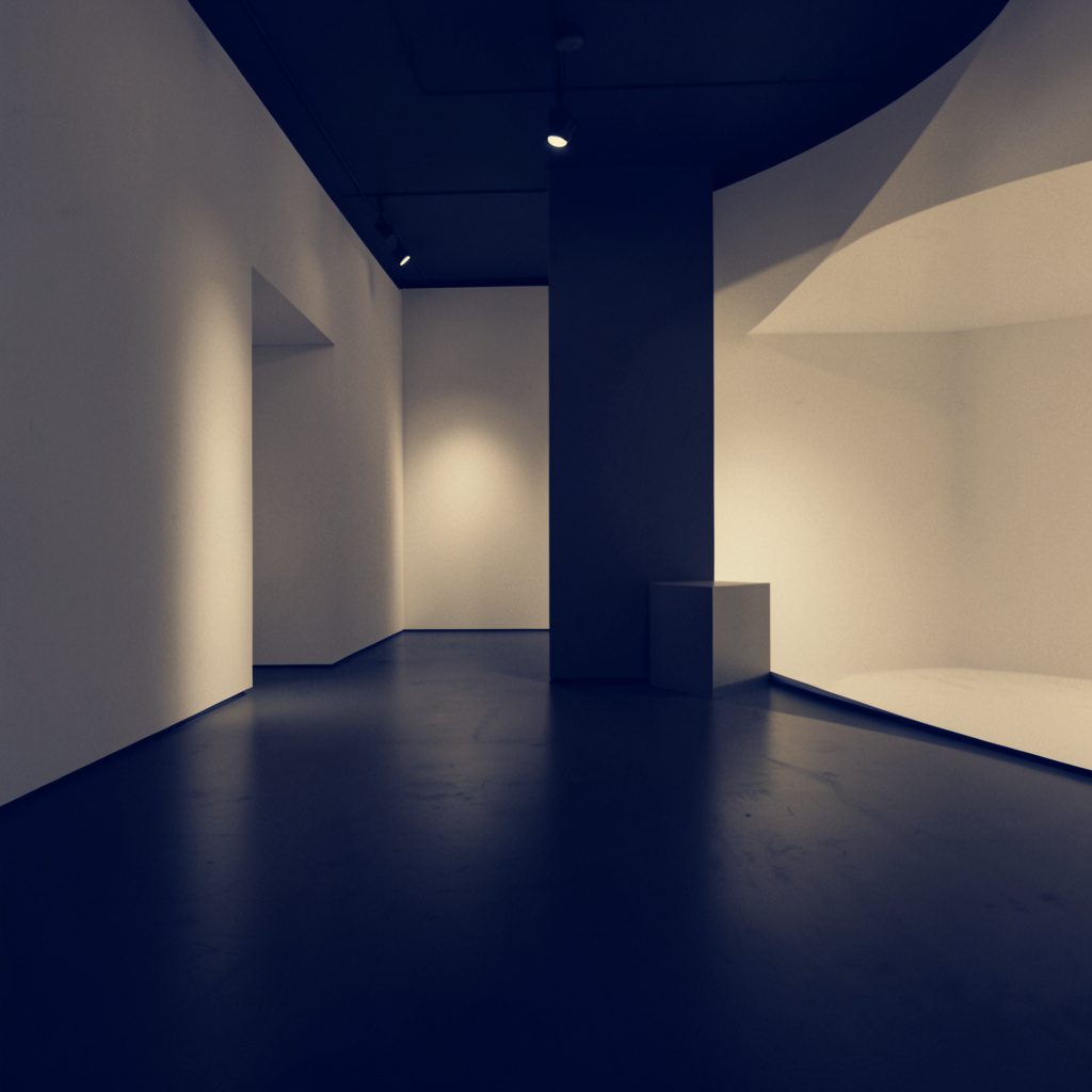 An abstract gallery interior rendered in deep navy and warm cream tones, duotone photograph with soft atmospheric light